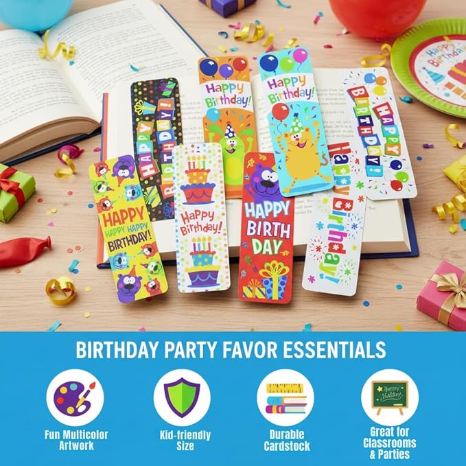 Bold & Bright Multicolor Birthday Cardstock Bookmarks - 2" x 6" (Pack of 48) - Colorful & Fun Design - Perfect Party Favors & Keepsakes