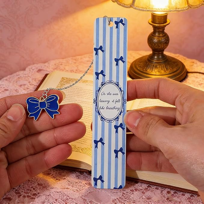 Pink Bow Metal Bookmark Gift Silver Chain Pendant with Bow for Women's Christmas Gift Book Lover Book Accessories School Supplies Office Stationery (Blue Bow Bookmark)