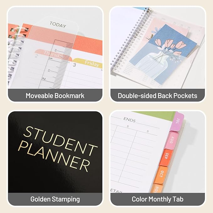 Student Planner 2026-2027, SUNEE Academic Weekly & Monthly Plan Book, Jul. 2026 - Jun. 2027, 6.5"×8.3" Middle & High School Planner, Lesson Plan Book with Week's Goals, Bookmark, Monthly Tabs, Black