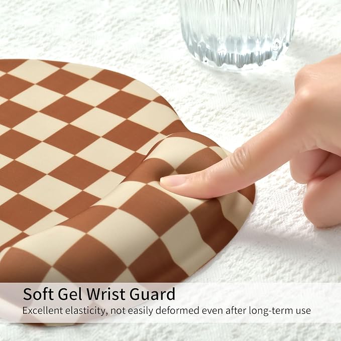 Retro Checkered Mouse Pad with Support Wrist Rest,Cute Funny Boho Ergonomic Mouse Pad with Non-Slip Base for Office Gaming Working Computers,Desk Accessories Pain Relief,Brown