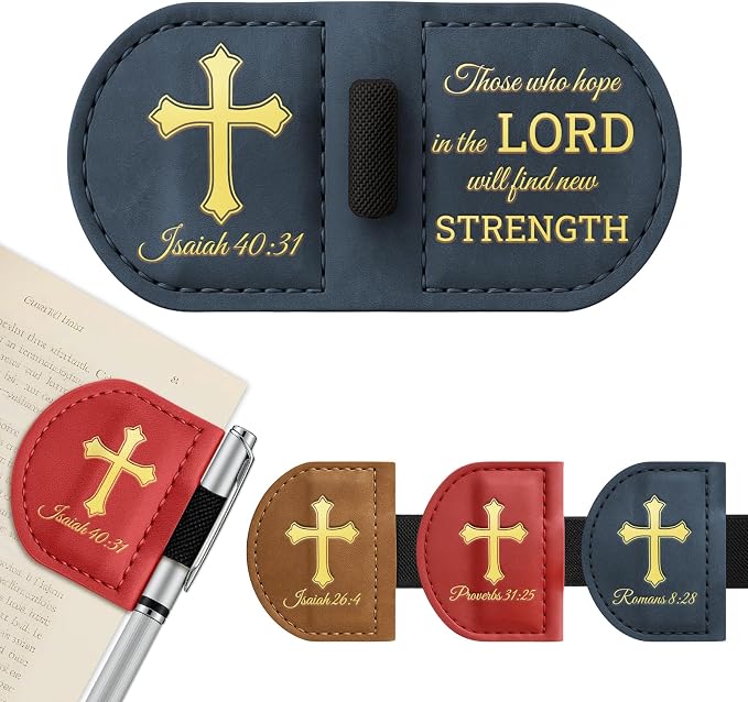 Personalized Magnetic Leather Bookmark with Pen Holder - Bygone Mark Custom Bible Verse Bookmarker,Book Marker for Men & Women,Book Lovers,Readers,Church(Blue,Isaiah 40:31)