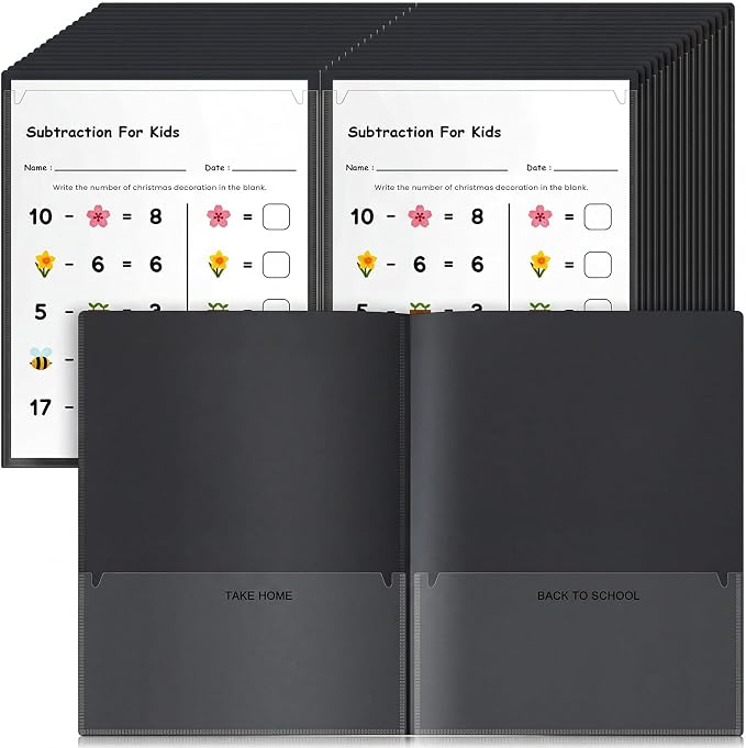 Henoyso 48 Pcs Take Home Folder Heavy Duty 2 Clear Front Pockets and 2 Inside Pockets Homework Folders for School Students Parent Teacher Classroom Communication (Black)