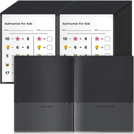 Henoyso 48 Pcs Take Home Folder Heavy Duty 2 Clear Front Pockets and 2 Inside Pockets Homework Folders for School Students Parent Teacher Classroom Communication (Black)