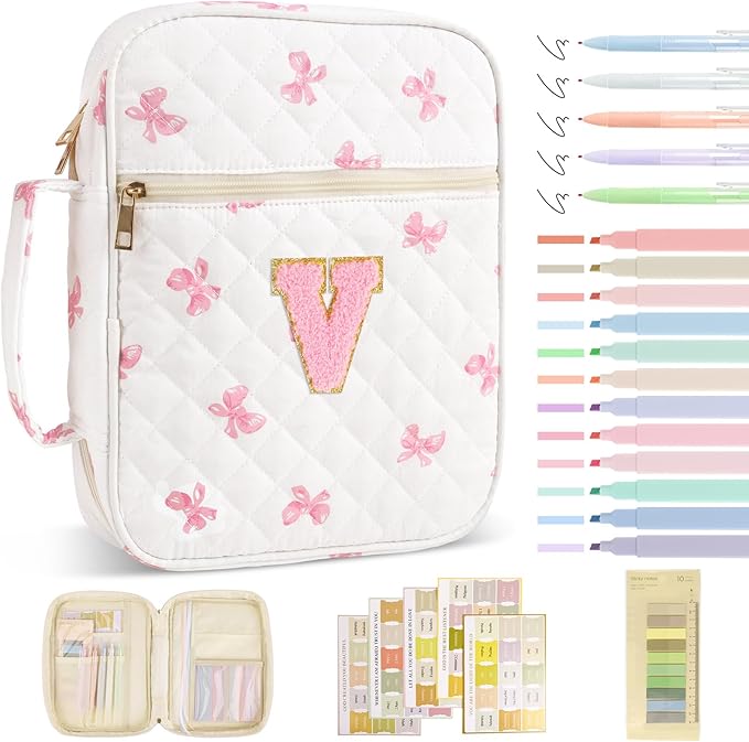 Personalized Initial Bible Cover Case for Women Girls Kid - Large Quilted Bible Case with Handle, Stylish Chenille Letter Bag Study Supplies, Perfect Christmas Gifts for Christians Women (Pink Bow-V)