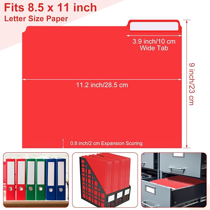 48 Pack Colored Plastic File Folders with Tabs and Sticky Labels Sturdy 1/3 Cut Tab Manila File Folders Letter Size 8. 5 x 11 Inch for Office Home Supplies Organizer Documents(Rose Red)