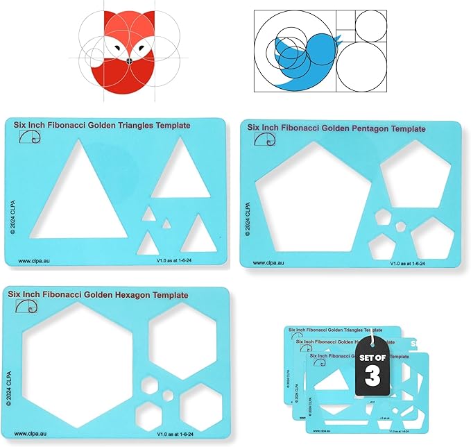 Fibonacci 3-Piece Template Set — 6" Triangle, Pentagon and Hexagon | Golden Ratio Drawing Tools | Fibonacci Art and Drafting Stencils | Clear PETG | Made in Australia