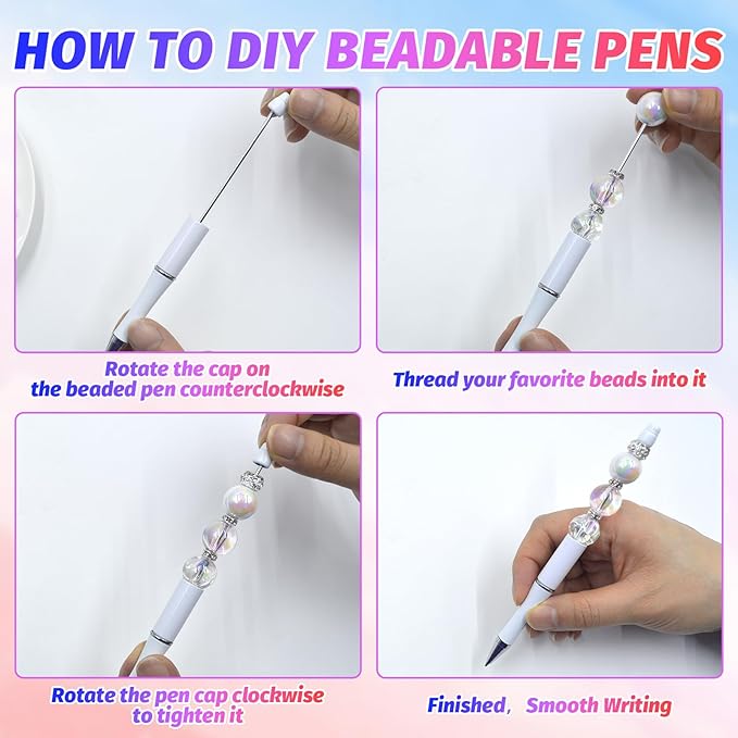 300 Pieces DIY Beadable Pen Kit – 100 Plastic Ballpoint Pens with Refills & Bags – School Supplies, Office Accessories & Decorative Items for Students & Teachers （White）