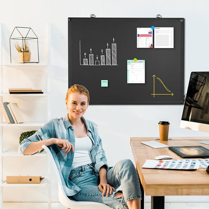 Magnetic Chalk Board, 24“x18” Black Chalkboard Double-Sided Dry Erase Board Magnetic Blackboard for Wall, Black Framed Small Chalk Board Home, School, Office, Kitchen