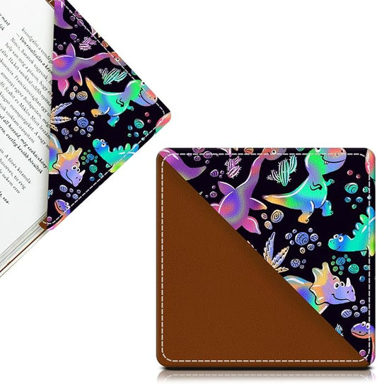 Cute Leather Bookmarks, Fun Triangle Making Corner Bookmark, Book Accessories for Reading Book Lovers, Unbreakable Page Markers for Women Men Cute Rainbow Dinosaurs