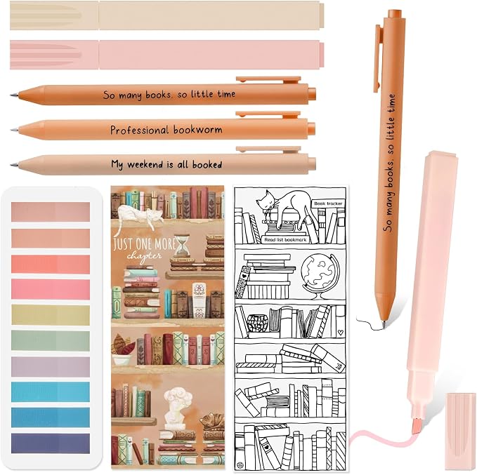 Spakon 7 Pcs Book Lovers Gifts for Readers Bookish Book Annotation Kit Aesthetic Pastel Highlighters No Bleed Gel Pens Reading Tabs Bookmark for Women Library Student Bible(Orange Series)