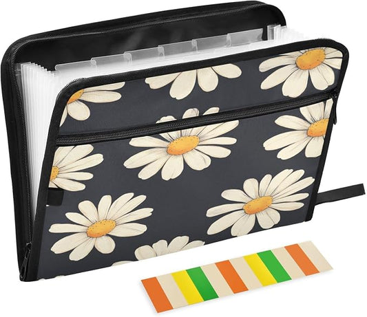Black Daisy Corn Poppy Accordion File Organizer Expanding Document Folder with 13 Pockets Portable File Folder for A4 Letter Size