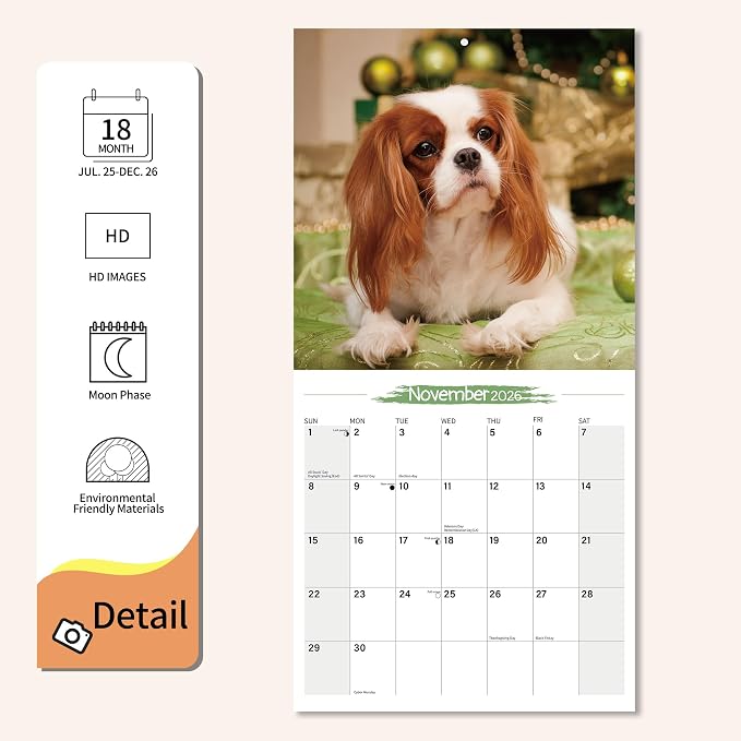2025-2026 Wall Calendar Cavalier King Charles Spaniel Planner Calendar, Hangable Monthly Wall Calendar with Large Blocks for Organizing & Planning, Academic Schedule, Home, Office & family, Thick & Sturdy Paper (12"x24" Open)