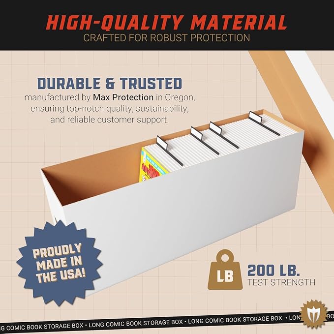 Max Protection Comic Book Storage Box - 2 Count Long Comic Book Boxes with White Corrugated Cardboard - Stackable Bin, Thick Case, Book Containers with Lid - Ideal for Comics, Magazines, Collectibles