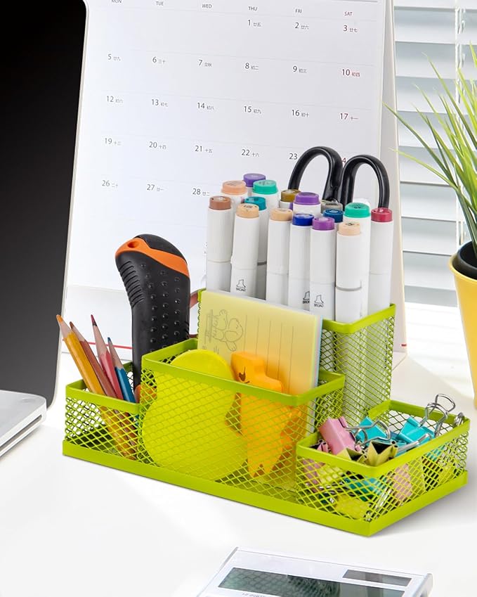 Pen Holder and Desk Organizer, Office Caddy Storage for School Home Office (Green, Medium)