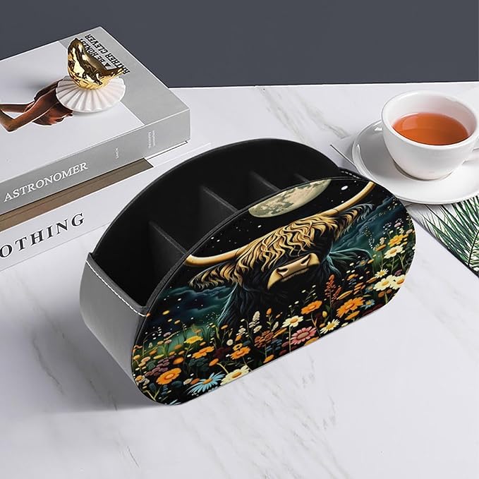 Highland Cow Starry Night Art Remote Control Holder with 5 Compartment PU Leather Multi Functional Desk Storage for TV Remotes Office Supplies