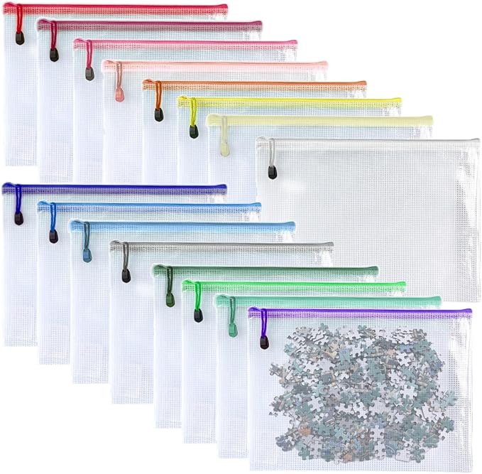 Oaimyy-16 Pcs-3"x 5"-Plastic Mesh Zipper Pouch Document Folders Bag Zipper Zip File Folders Puzzle Storage Bags for Office Supplies, Travel,Puzzles Games Organizing Storage-Multicolor