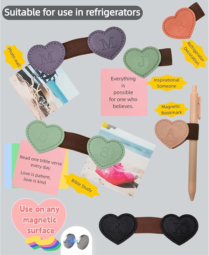 Personalized Magnetic Leather Heart Bookmark with Pen Holder - 26 Letters Custom Book Mark Notebook Pencil Loop with Initial Book Marker for Readers, Book Lovers- Gifts for Women Men(Black & Orange,A)