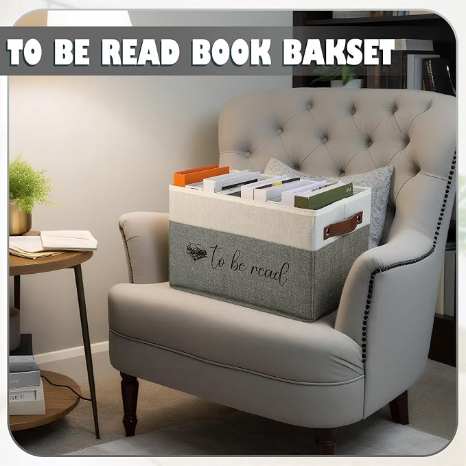Marsui Book Lover Gifts TBR Book Storage Basket with Lids to Be Read List Storage Bin Bookish Accessories Bookworm Gift for Club Members Student Teacher Reading Accessories(White and Grey)