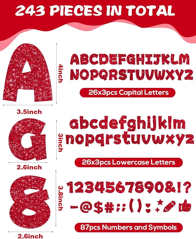 243 Pcs Glitter Bulletin Board Letters Set, 4 Inch Alphabet Poster Board Cardboard Cutouts with Numbers and Punctuation, Classroom School Wall Display Decorations (Red)