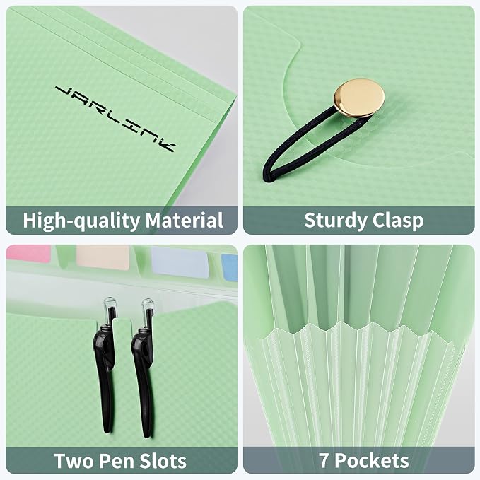 JARLINK 7 Pockets Expanding File Folder, A4 Size Accordion File Folders with 12 Labels, Cute Paper Organizer, Portable Document Organizer for Home College School Office Supplies, Macaron Green