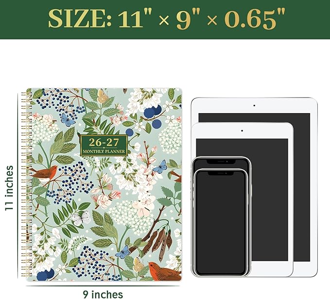 2026-2027 Monthly Planner - Academic Planner 2026-2027, JUL. 2026 - DEC. 2027, 9" x 11", 18 Monthly Calendar Planner with Colorful Tabs + Back Pocket + Twin-Wire Binding - Floral