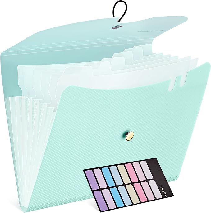 JARLINK 7 Pockets Expanding File Folder, A4 Size Accordion File Folders with 12 Labels, Cute Paper Organizer, Portable Document Organizer for Home College School Office Supplies, Macaron Blue