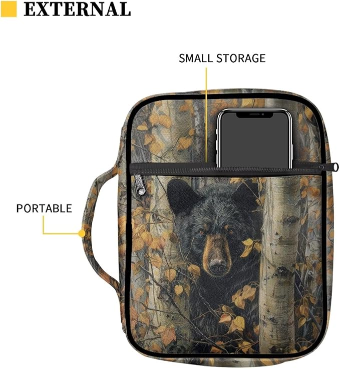 Suobstales Bear Hunting Camo Print Bible Covers for Women Men Lightweight Bible Accessories with Handle and Zippered Pocket Bible Tote Bag for Kids