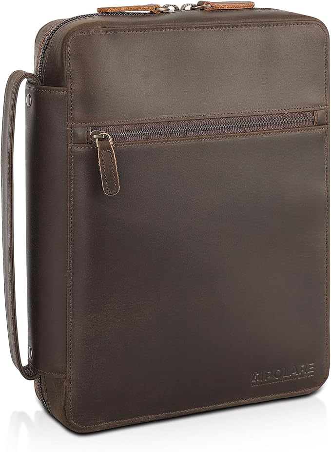 Polare Cowhide Leather Bible Cover Church Bag Bible Protective Book Holder Carrying Case Folder Organizer Portfolio (Dark Brown-Medium)