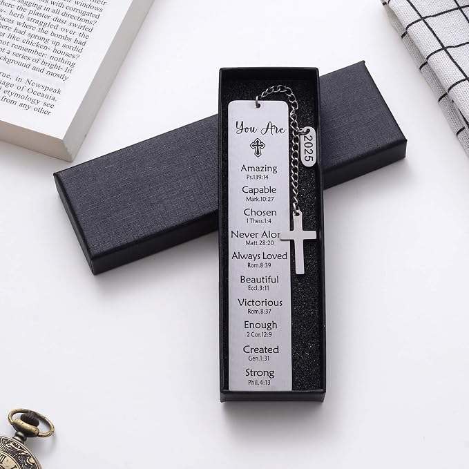 Christian Gift, 2025 Bible Verse Cross Charm Metal Bookmark for Women & Men, Faith-Based Religious Book Mark Gift for Book Lovers, Silver
