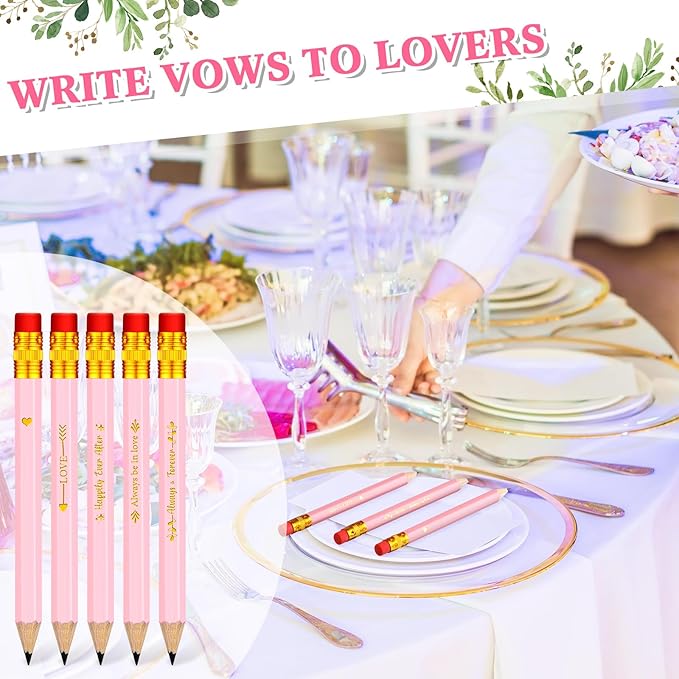 Crtiin 50 Pcs Bridal Shower Pencils Half Golf Wedding Pencils with Eraser 4 Inch Short Pocket Pre Sharpened for Wedding Game Bridal Shower Presents Classroom School(Pink)