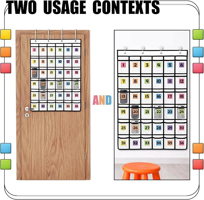 36 Pocket Calculator Holder for Classroom Calculator Storage Organizer over The Door Hanging Storage Rack with Clear PVC Pockets, Number Stickers for Back to School Exam Room