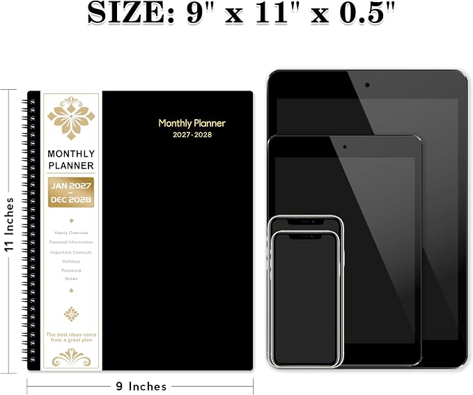 2027-2028 Monthly Planner - 2 Year Planner 2027-2028, JAN 2027 - DEC 2028, 9" x 11", 2 Year Calendar 27-28 Monthly Planner with Tabs, Pocket, Label, Contacts - Black