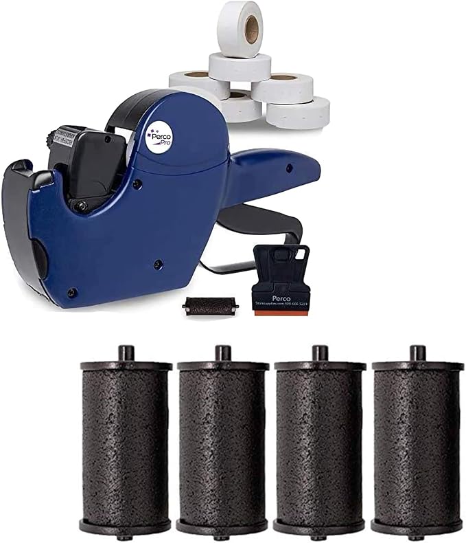 Perco Pro 1 Line Date Label Gun Kit, Includes 8 Digits Date Gun Labeler, 10,000 Plain White Labels, and Preloaded Inker Bundled w Perco Ink Roll for Perco Pro 1 Line & Perco Pro 2 Line Perco Labelers