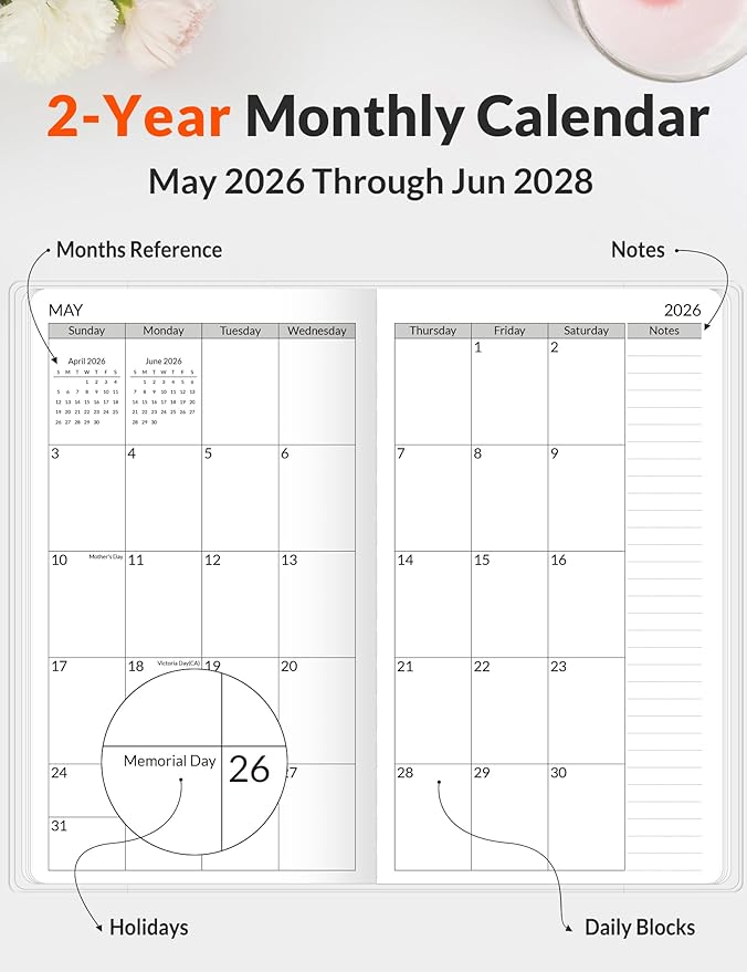 SUNEE Pocket Calendar May 2026 to June 2028 - Two Year Monthly Planner Small Calendar 3.5" x 6" Organizer for Daily & Yearly Schedule - Compact Agenda Notebook for School, Work, Women, Greenery