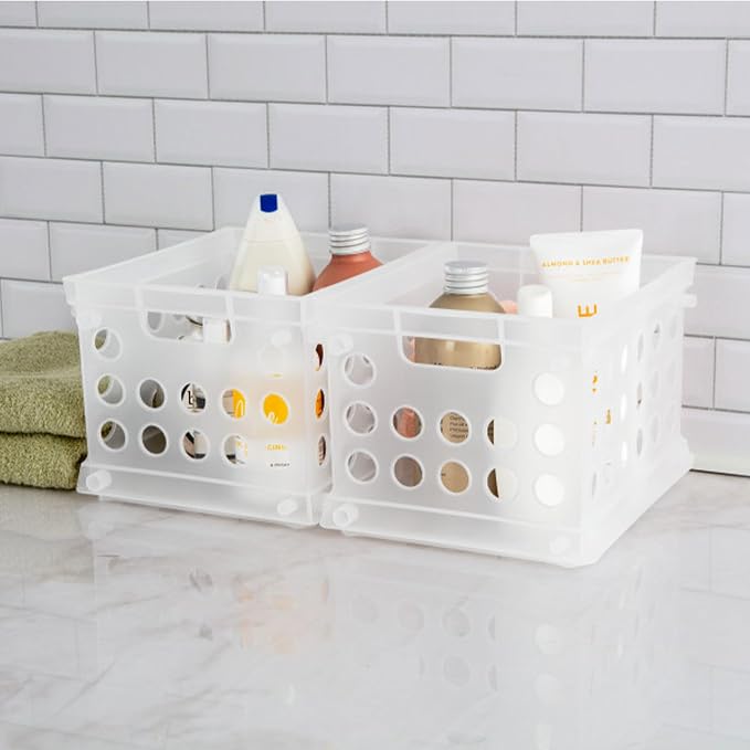 Sterilite Mini Crate, Stackable Plastic Storage Bin with Handles, Organize Home, Garage, Office, School, Dorm Room, Clear, 36-Pack