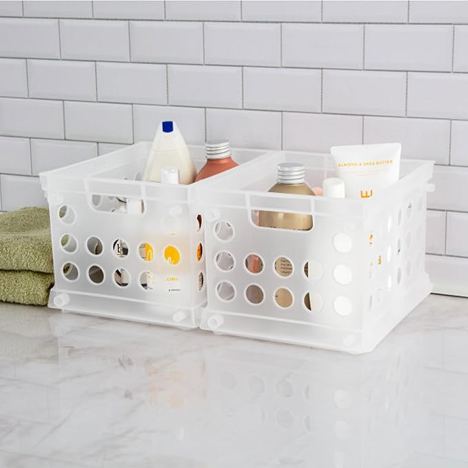 Sterilite Mini Crate, Stackable Plastic Storage Bin with Handles, Organize Home, Garage, Office, School, Dorm Room, Clear, 12-Pack