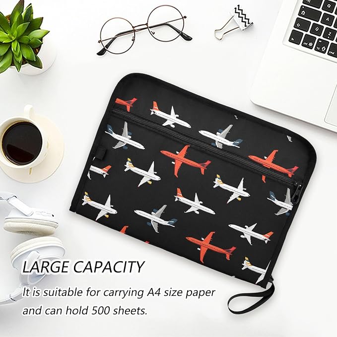 ALAZA Airplane Black 13 Pocket Expanding File Folder with Labels, Accordion File Folder File Organizer Letter A4 Paper for Office School Student