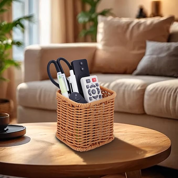 NiHome Remote Caddy, Bedside Remote Control Holder, Synthetic Rattan Organizer for TV Remotes, Makeup Brushes & Office Supplies, Stylish Remote Holder for Table, Living Room, Bedroom & Office