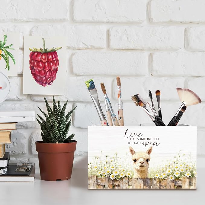 Rustic Daisy Floral Alpaca Pen Holder for Desk, Alpaca Llama Gifts Pencil Organizer, Live Like Someone Left the Gate Open Wooden Box Sign Desk Decor for Home Office Decoration