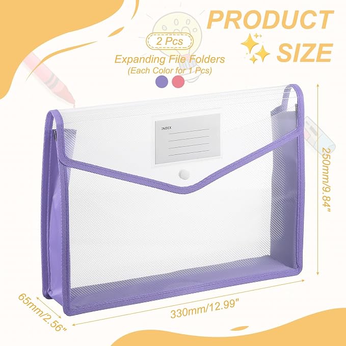 PATIKIL Plastic Expanding File Folders, 2 Pack A4 File Folder Envelopes Letter Size Document Organizer Supplies with Snap Closure for Classroom Office, Purple/Pink, Horizontal