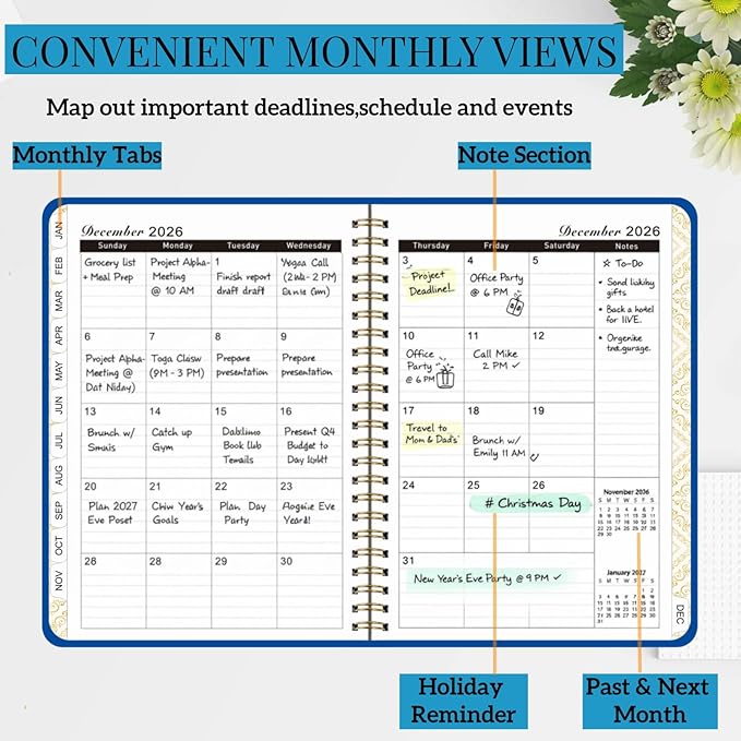 Planner 2026 Men & Women,Monthly and Weekly Agenda Calendar Planner,Jan 2026 to Dec 2026,A5 (6.3" x 8.5"),Hardcover Spiral Daily Planning Book with Tabs,for Office Home School,Dark Blue