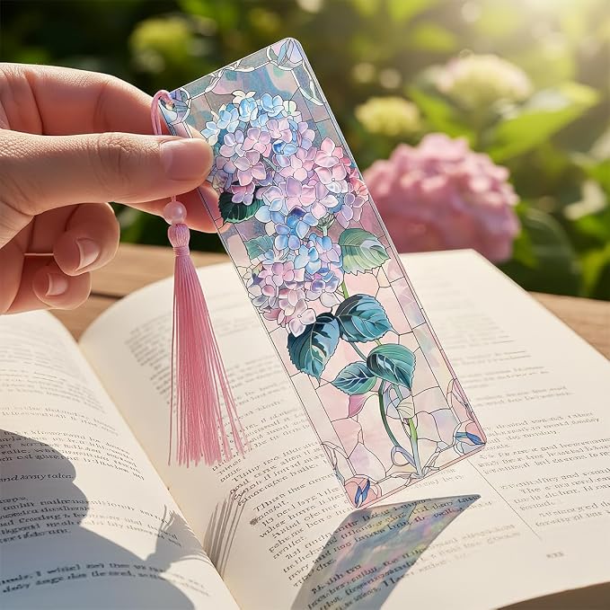 4 Pcs Stained Glass Art Bookmarks for Reading Women, Flower Transparent PVC Bookmark with Tassels, Cute Book Accessories, Unique Book Marks for Bookish, Birthday Christmas Gift