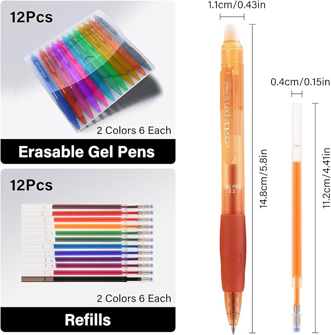 EUSOAR Erasable Pens Multicolor, 12-Pack Retractable Dry Erase Gel Pens + 12 Refills (Full Color Set), Colored Erasable Pen Fine Point (0.5mm) for Writing Note Taking Color-coding Supplies