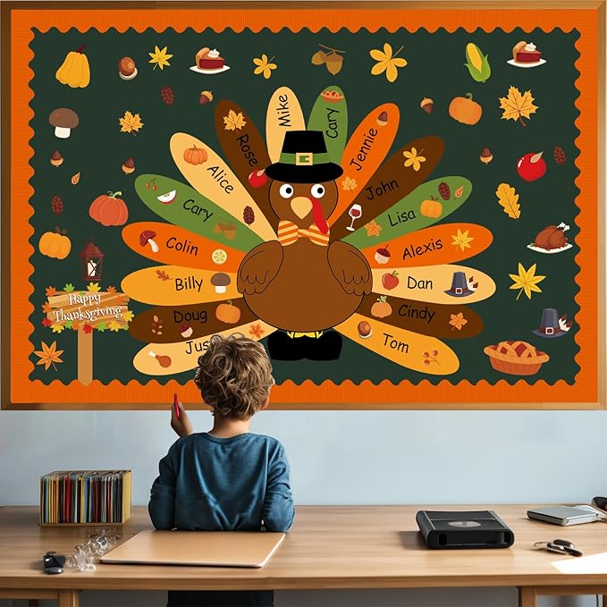 Turkey Bulletin Board Set Thanksgiving Classroom Decorations DIY Turkey Craft Fall Colorful Cutouts Name Tags for Students Boys Girls kindergarten Office Back to School Wall Decors Autumn Party Supply