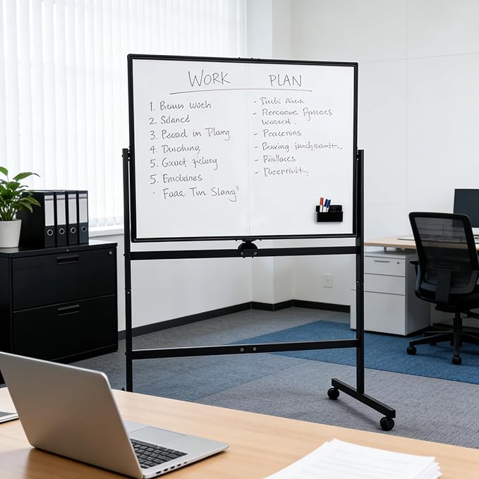 A AIRLLEN Rolling Whiteboard - 48x32 Double Sided Magnetic Dry Erase Board with One-Click Flip Button, Mobile Standing White Board for Teaching, Brainstorming & Office Presentations