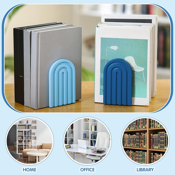 Harloon 4 Pcs Boho Arch Wooden Bookends, Decorative Rainbow Book Stoppers with Non-Slip Metal Base, 5x3x4 Inches, Cute Shelf Decor for Heavy Books, Home Office Study Desk Organizer(Denim Blue Color)