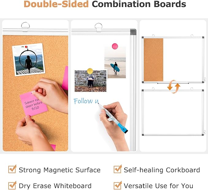 WALGLASS Dry Erase Cork Board Combo, 36"X48" White Bulletin Board for Wall, Magnetic Corkboard Whiteboard Combination, Vision Board for Office, Home, School