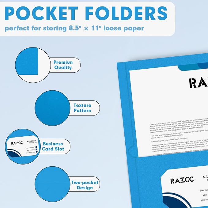 Two Pocket Folders, RAZCC 75 Pack 2 Pocket Folders Fit Letter Size Paper, Paper Folders with Pockets for School Office Business Home (Blue)