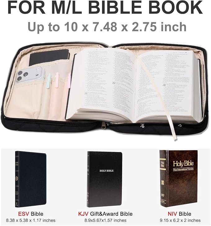 Large Bible Cover Case for Women, Journal Study Supplies Kit Bible Bags for Women, Quilted Carrying Book Covers Church Bag for Mens Included Bible Accessories-Black