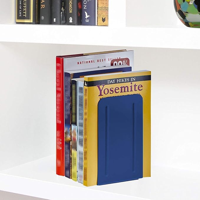 Acrimet Bookends for Shelves, Non-Skid Book Holder, Heavy Duty Book Stopper, Steel Metal Book Ends Storage for Home, Library, 6 7/8" H x 4" W x 4 1/2" D (Deep Blue) (2 Pairs / 2 Pieces)